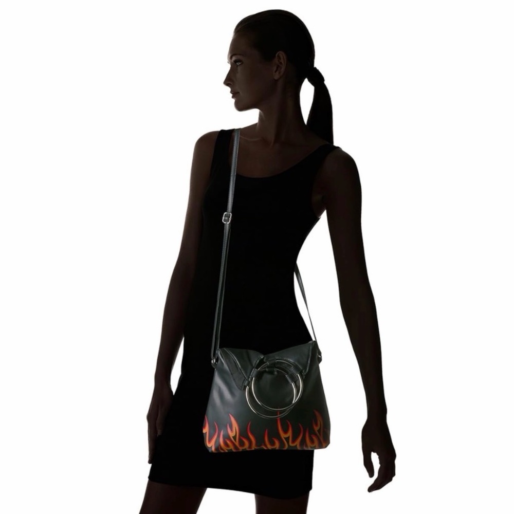 New Vegan Black Bag with Flame Design y2k Cross Body Silver Hoops Party Club